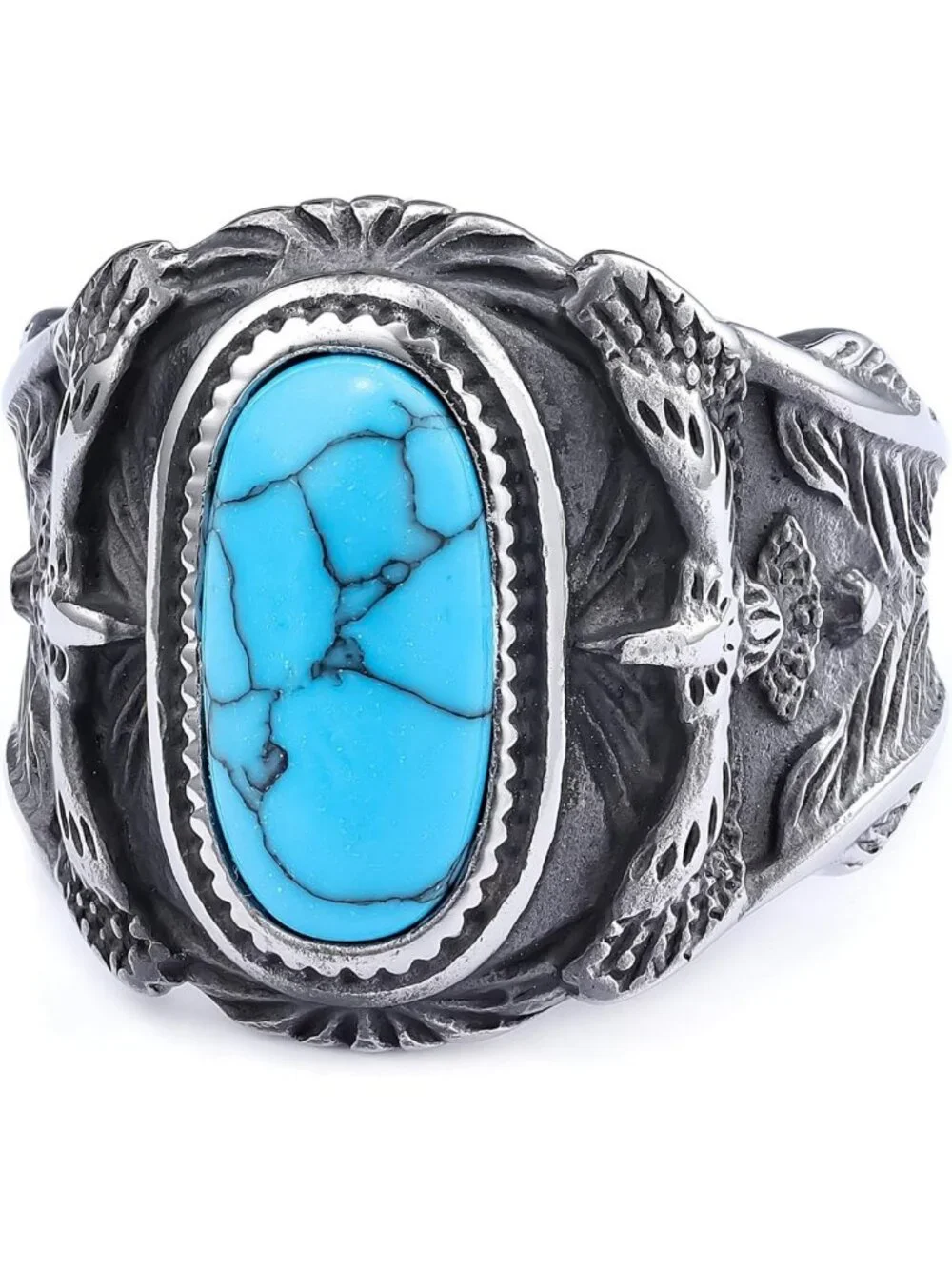 Men's Vintage Turquoise Titanium Steel Ring with Eagle Design - Western Biker